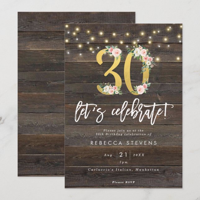 rustic wood let's celebrate 30th birthday invitation (Front/Back)