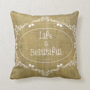 Rustic Wood: Life is Beautiful Quote Throw Pillow