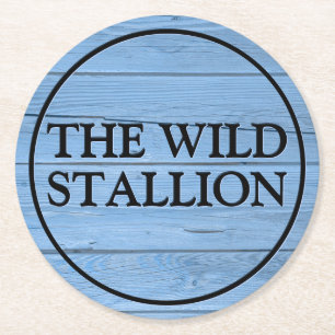 Rustic Wood Light Blue Faux Engraved Name Bar Round Paper Coaster
