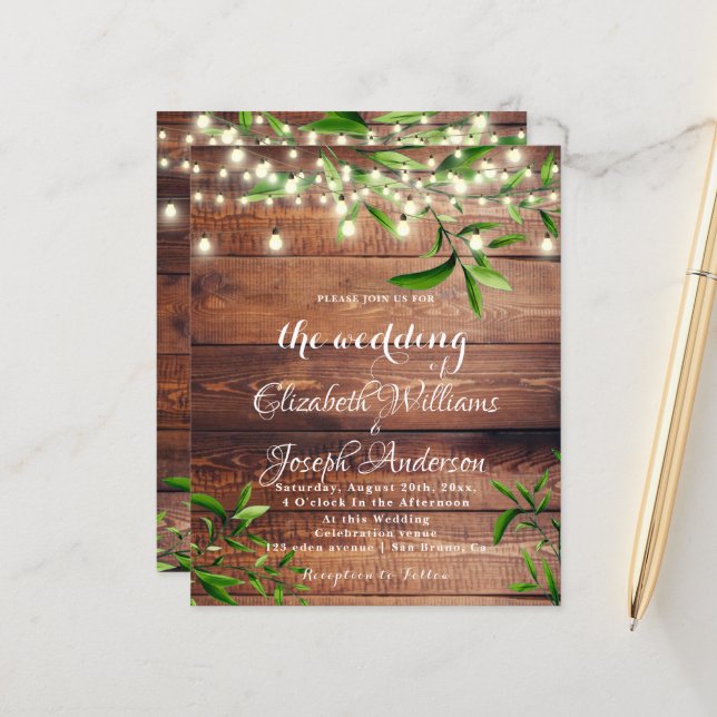 Rustic Wood Light & Greenery Wedding Invitation (Front/Back In Situ)