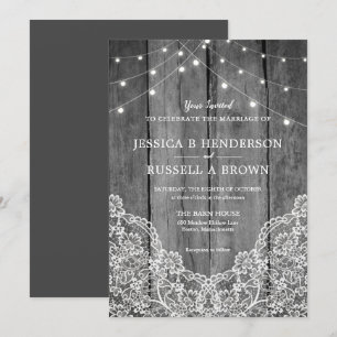 Rustic Wood Light Lace B&W Wedding Invitation