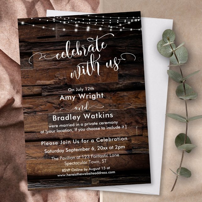 Rustic Wood Light Strings Celebrate with Us Invitation (Creator Uploaded)