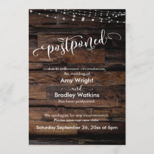 Rustic Wood Light Strings Postponed Wedding Card