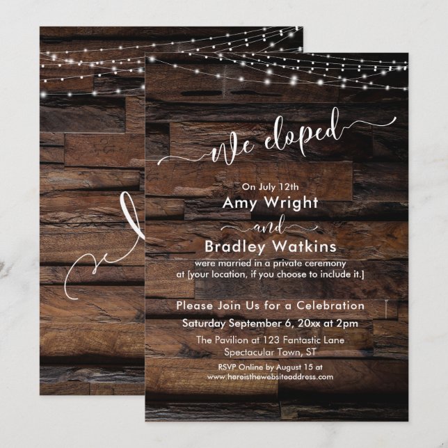 Rustic Wood Light Strings We Eloped Reception-Only Invitation (Front/Back)