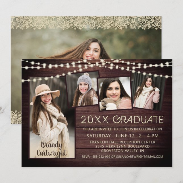 Rustic Wood Lights 5 Photo Collage Graduation Invitation (Front/Back)
