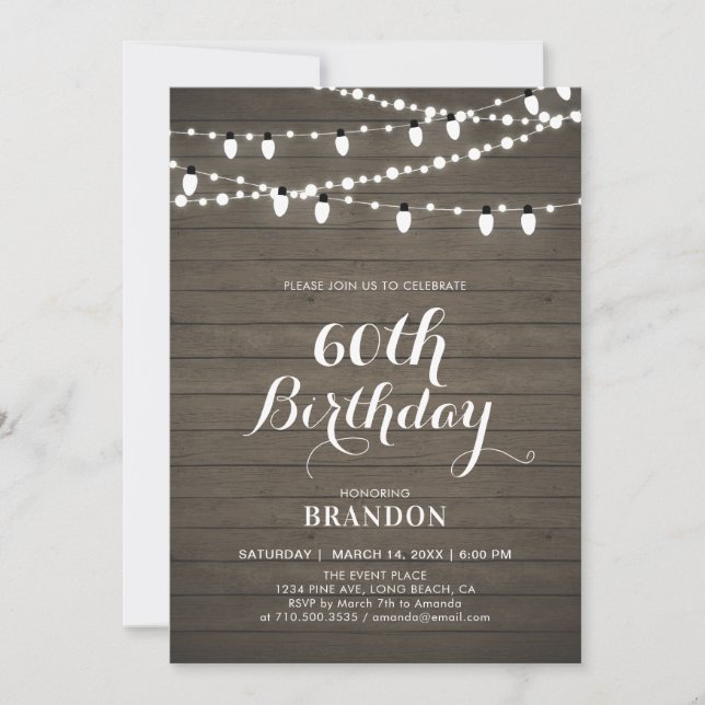 Rustic Wood & Lights 60th Adult Birthday Party Invitation (Front)
