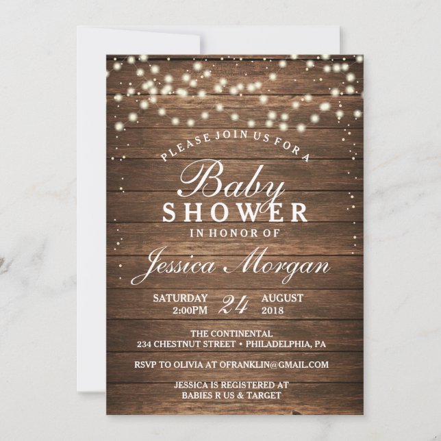 Rustic Wood & Lights Baby Shower Invitation (Front)