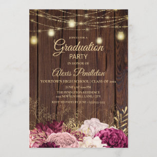 Rustic Wood Lights Burgundy Pink Floral Graduation Invitation