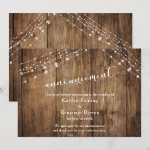 Rustic Wood & Lights Cancelled Wedding Announcemen Invitation