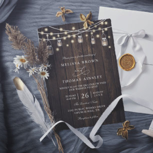 Rustic Wood & Lights Country Chic QR Code Wedding Invitation