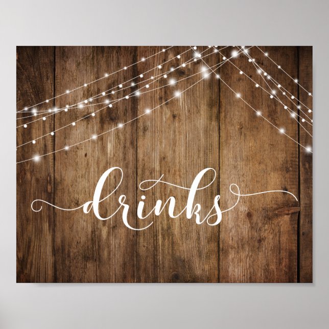 Rustic Wood & Lights Drinks Reception Sign (Front)