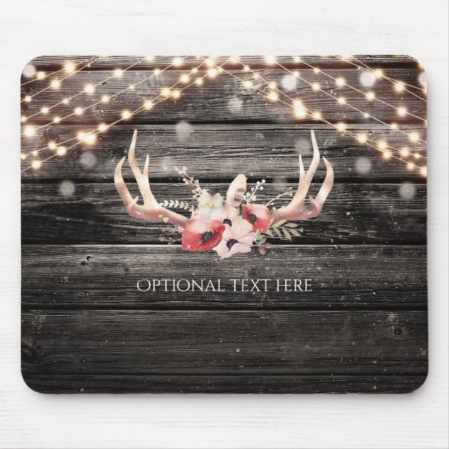 Rustic Wood & Lights Floral Antlers Boho Chic Glam Mouse Pad (Front)