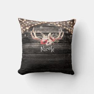 Rustic Wood & Lights Floral Antlers Boho Chic Throw Pillow