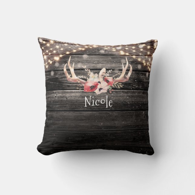 Rustic Wood & Lights Floral Antlers Boho Chic Throw Pillow (Front)