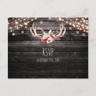 Rustic Wood & Lights Floral Antlers Boho RSVP Invitation Postcard