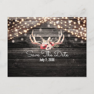 Rustic Wood & Lights Floral Antlers Save the Date Announcement Postcard