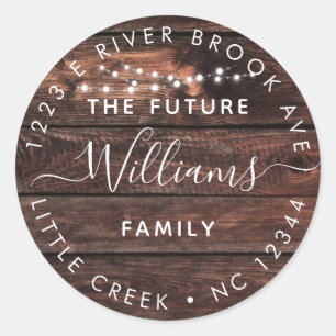 Rustic Wood + Lights   Future Mr and Mrs Address Classic Round Sticker