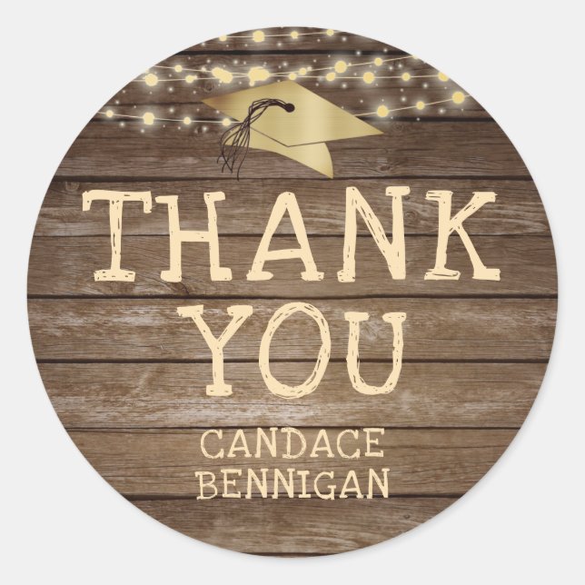 Rustic Wood Lights Graduation Cap THANK YOU Classic Round Sticker (Front)