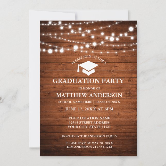 Rustic Wood Lights Graduation Party Invitation WC (Front)
