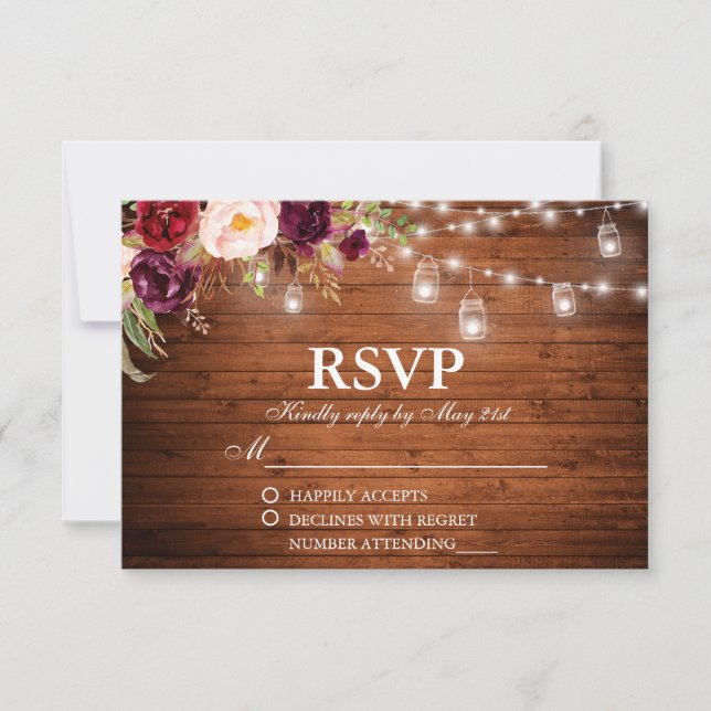 Rustic Wood Lights Jars Floral Wedding RSVP Card (Front)