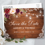 Rustic Wood Lights Jars Lace Floral Save the Date Announcement Postcard<br><div class="desc">Rustic Wood String Lights Mason Jars Lace Watercolor Burgundy Floral Save the Date Postcard - Printed Back</div>