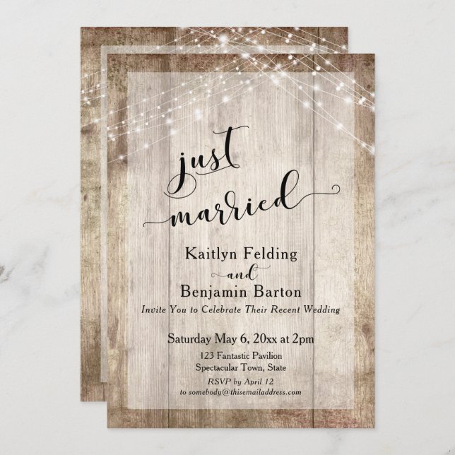 Rustic Wood & Lights, Just Married, Reception Only Invitation (Front/Back)