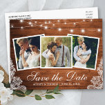 Rustic Wood Lights Lace 3 Photo Save The Date Invitation Postcard<br><div class="desc">Rustic Wood String Lights and Lace 3 Photo Save The Date Engagement Announcement Postcard</div>