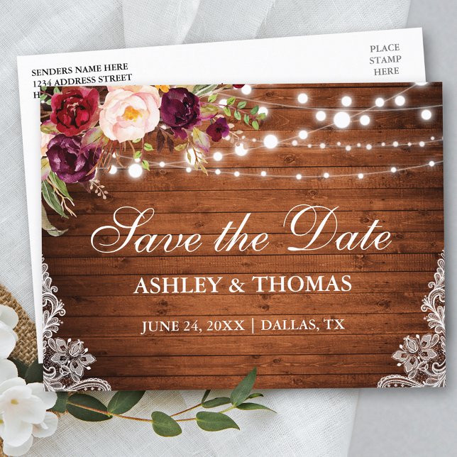Rustic Wood Lights Lace Floral Save the Date Announcement Postcard (Customize to change text size or text style.)