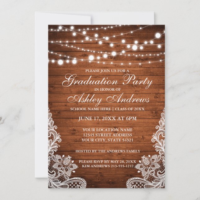 Rustic Wood Lights Lace Graduation Invitation (Front)