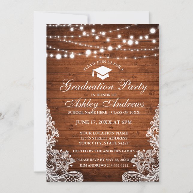 Rustic Wood Lights Lace Graduation Invitation W (Front)