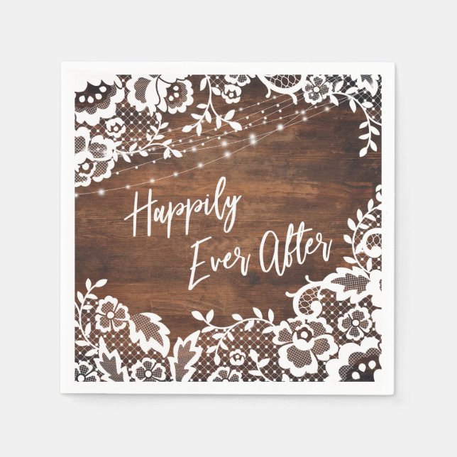 Rustic Wood Lights & Lace Happily Ever After Event Napkin (Front)