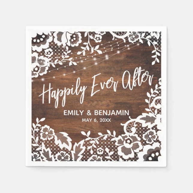 Rustic Wood Lights & Lace Happily Ever After Names Napkin (Front)
