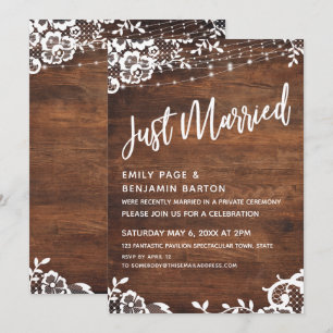 Rustic Wood, Lights & Lace Just Married Typography Invitation