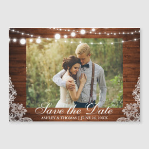 Rustic Wood Lights Lace Magnetic Save the Date