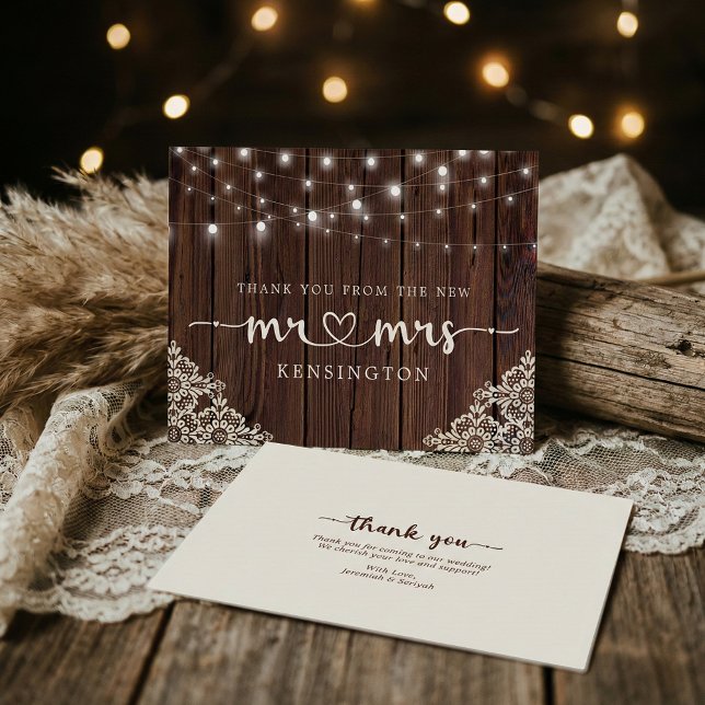 Rustic Wood Lights Lace New Mr Mrs Thank You Postc (Creator Uploaded)
