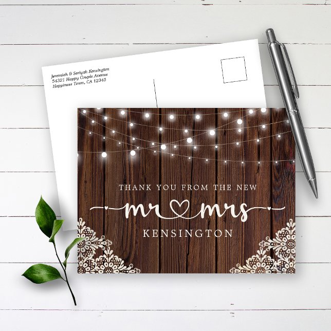 Rustic Wood Lights Lace New Mr Mrs Thank You Postcard (Creator Uploaded)