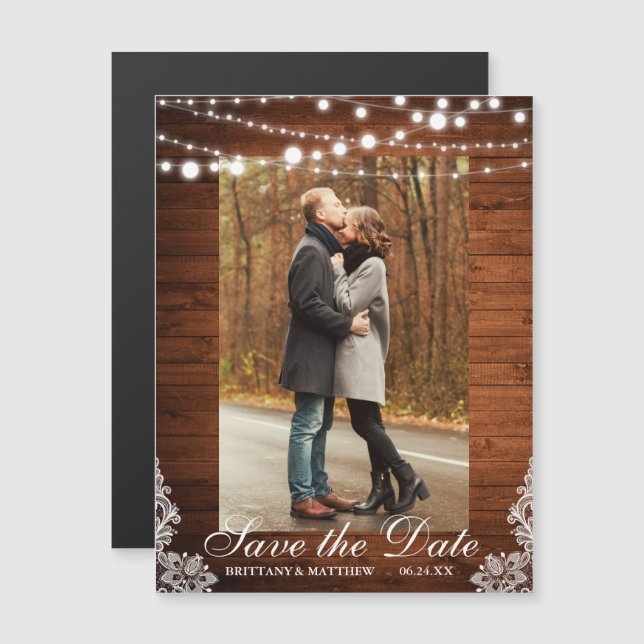 Rustic Wood Lights Lace Save the Date Engagement Magnetic Invitation (Front/Back)