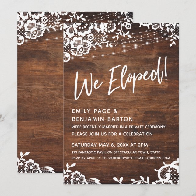Rustic Wood, Lights & Lace We Eloped Celebration Invitation (Front/Back)