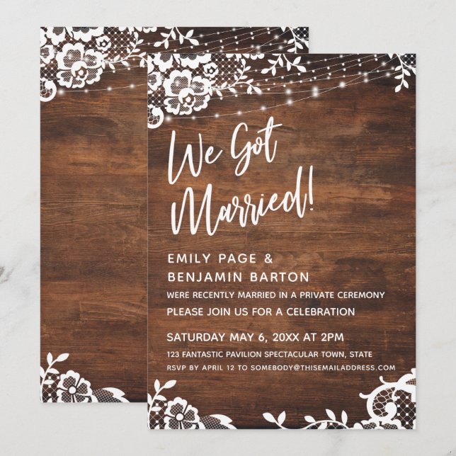 Rustic Wood, Lights & Lace We Got Married Event Invitation (Front/Back)
