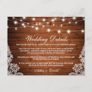 Rustic Wood Lights Lace Wedding Details Card