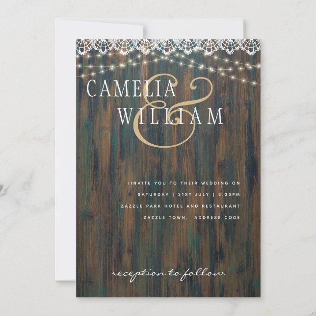 RUSTIC WOOD LIGHTS LACE Wedding Invite (Front)