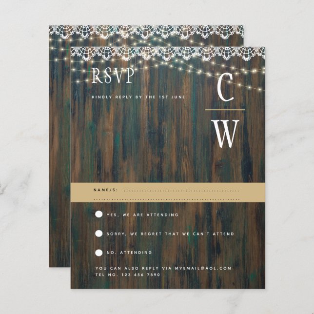 RUSTIC WOOD LIGHTS LACE Wedding RSVP (Front/Back)