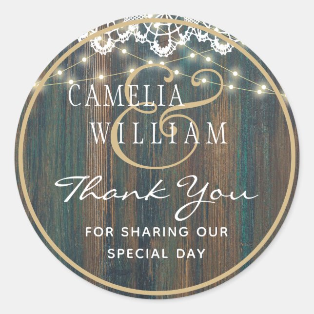 RUSTIC WOOD LIGHTS LACE Wedding Thank You Classic Round Sticker (Front)