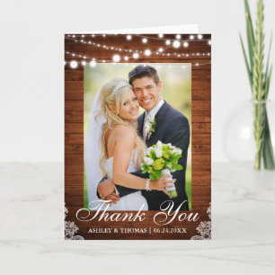 Rustic Wood Lights Lace Wedding Thank You Fold Card