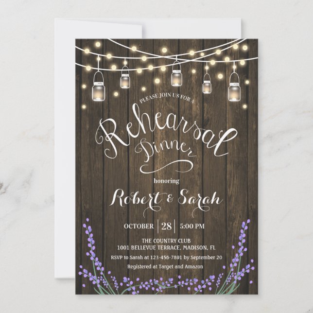 Rustic Wood Lights Lavender Rehearsal Dinner Invitation (Front)