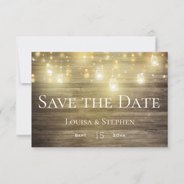 Rustic Wood & Lights Mason Jar Save the Date Card (Front)