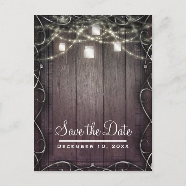 Rustic Wood Lights & Mason Jars Barn Save the Date Announcement Postcard (Front)