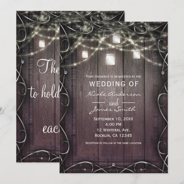 Rustic Wood Lights & Mason Jars Flourish Wedding Invitation (Front/Back)