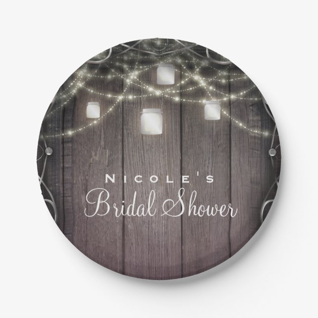 Rustic Wood Lights & Mason Jars Flourish Wedding Paper Plate (Front)