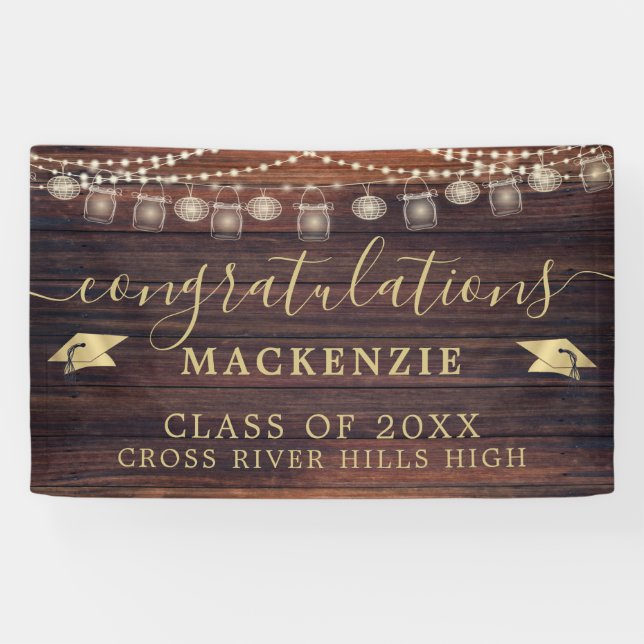 Rustic Wood Lights Mason Jars Graduation Banner (Horizontal)